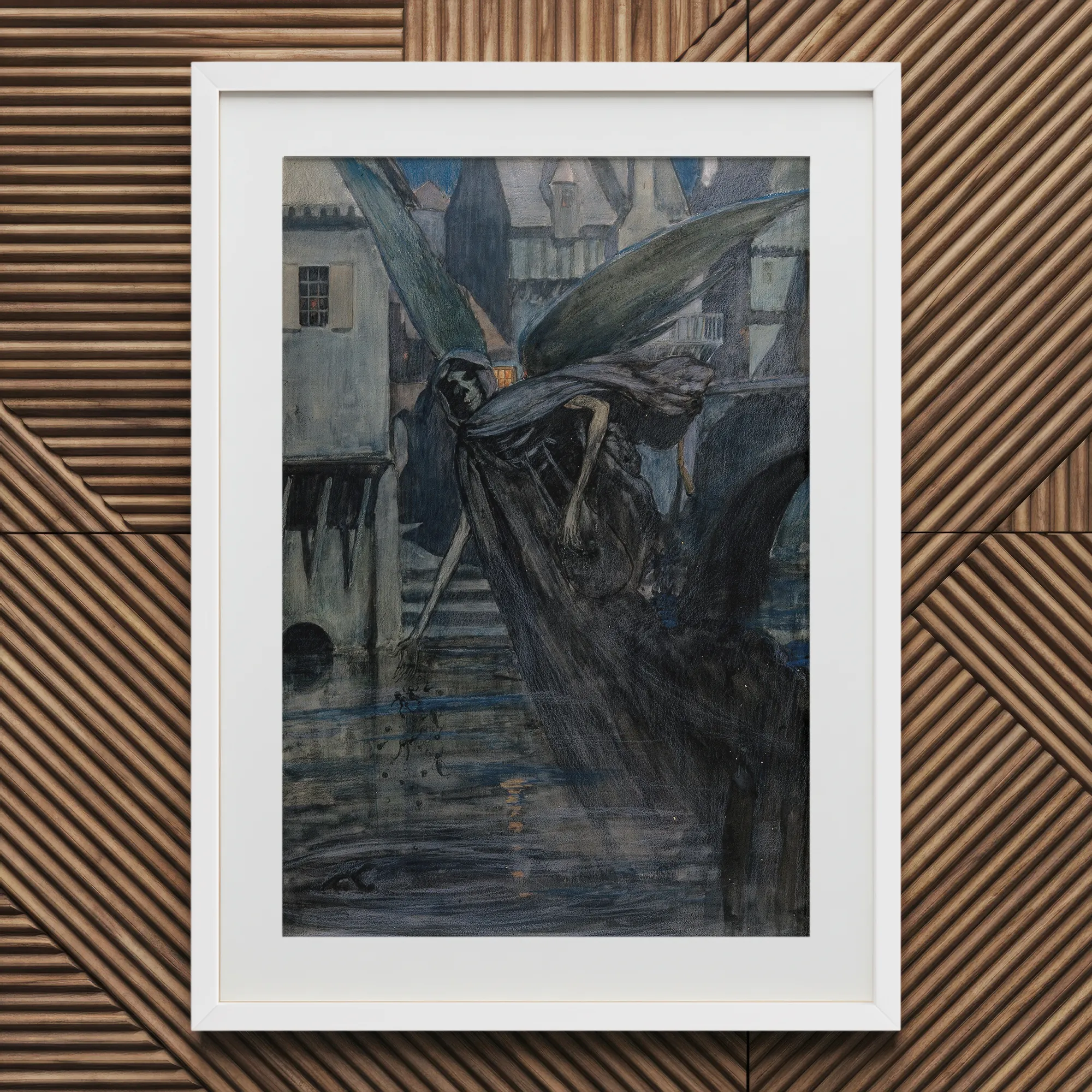 The Angel of Death - Richard Tennant Cooper Art Print, Framed Painting Winged Skeletal Figure Moonlit Waterway Buildings