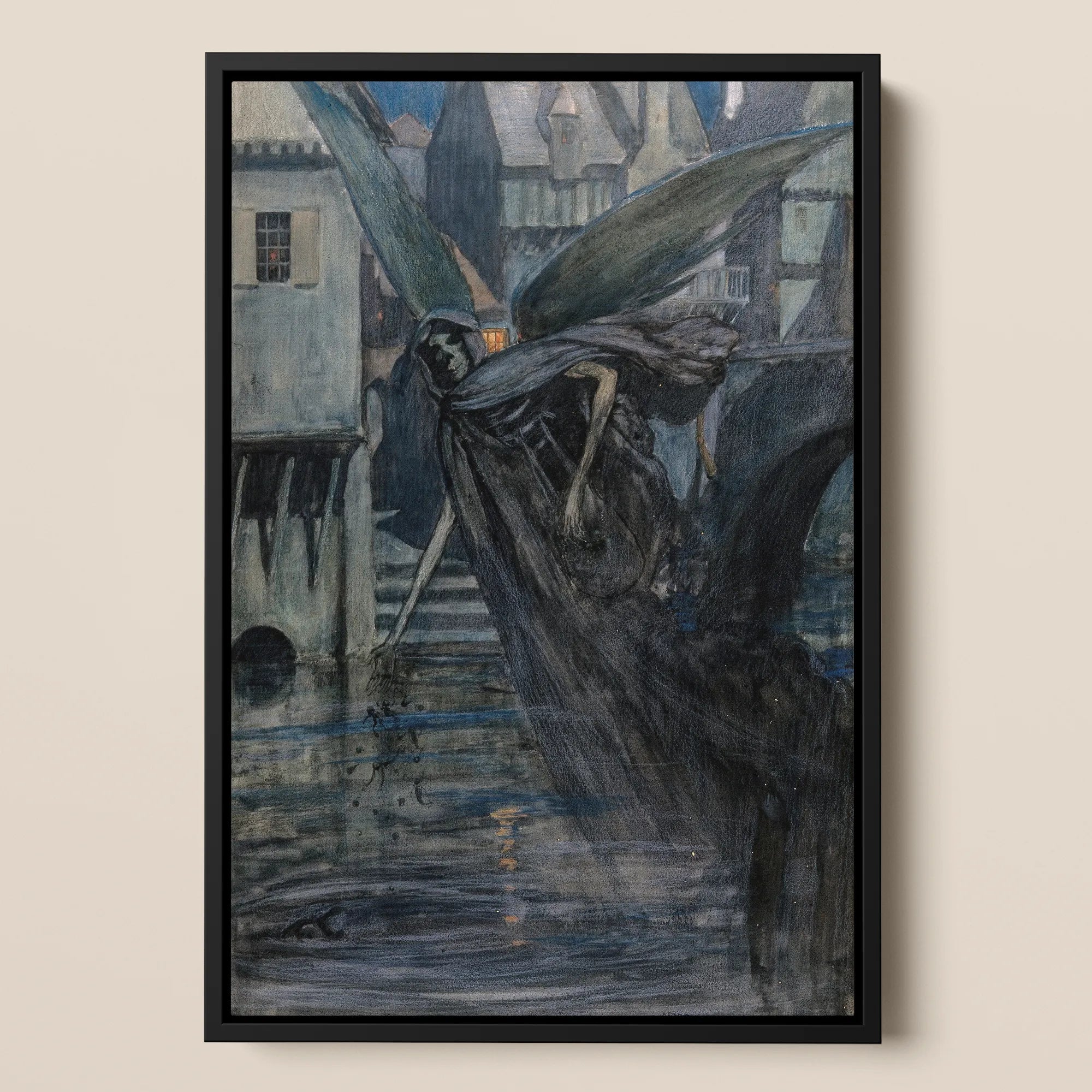 The Angel of Death - Richard Tennant Cooper Framed Canvas, 12x18’’ / 31x46cm / Black Floating Frame, Framed Painting Winged Skeletal Figure