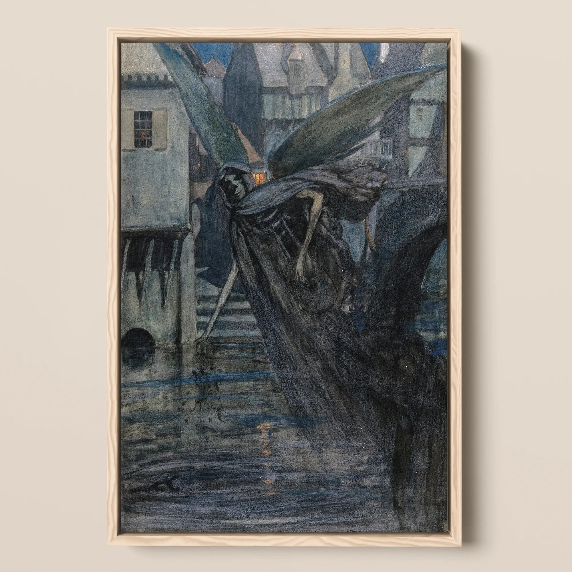 The Angel of Death - Richard Tennant Cooper Framed Canvas, 12x18’’ / 31x46cm / Natural Floating Frame, Dark Winged Figure Skeletal Face