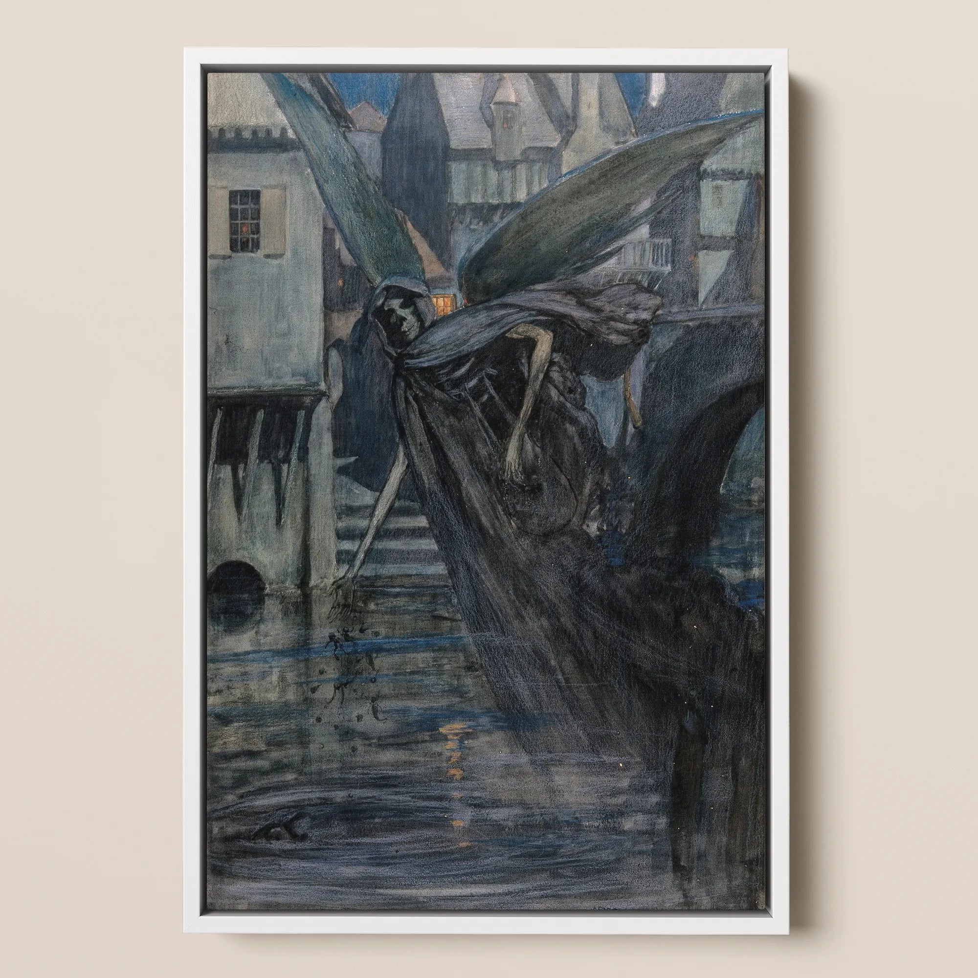 The Angel of Death - Richard Tennant Cooper Framed Canvas, 12x18’’ / 31x46cm / White Floating Frame, Framed Painting Winged Cloaked Figure