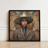 Framed Portrait Person Wide-brimmed Beige Hat Intricately Patterned Latinx Transgender Cowboy, Dandy, Outlaw