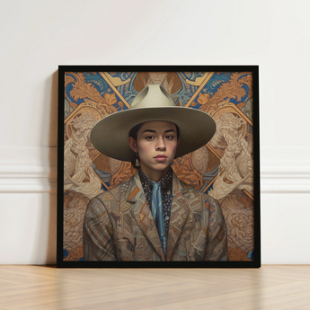 Framed Portrait Person Wide-brimmed Beige Hat Intricately Patterned Latinx Transgender Cowboy, Dandy, Outlaw