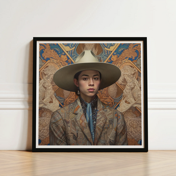 Framed Portrait Person Wide-brimmed Beige Hat Patterned Jacket Latinx Transgender Cowboy, Dandy, Outlaw