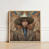 Framed Portrait Person Wide-brimmed Beige Hat Intricately Patterned Latinx Transgender Cowboy, Dandy, Outlaw