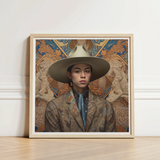Framed Portrait Person Wide-brimmed Beige Hat Patterned Brown Latinx Transgender Cowboy, Dandy, Outlaw