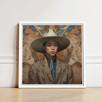 Framed Portrait Person Wide-brimmed Beige Hat Intricately Patterned Latinx Transgender Cowboy, Dandy, Outlaw
