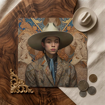Angel - Latinx Transgender Cowboy Art Print / Canvas Detailed Portrait Woman Wide-brimmed Beige Hat Intricately Patterned Latinx