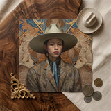 Angel - Latinx Transgender Cowboy Art Print / Canvas Detailed Portrait Woman Wide-brimmed Beige Hat Intricately Patterned, Dandy, Outlaw