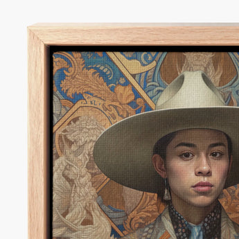 Framed Canvas Print Portrait Woman Wide-brimmed Beige Hat Latinx Transgender Cowboy, Dandy, Outlaw