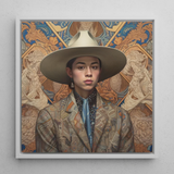 Angel - Latinx Transgender Cowboy Art Print / Canvas Framed Portrait Person Off-white Wide-brimmed Hat Patterned Blazer Latinx Transgender
