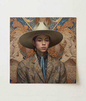 Square Canvas Painting Woman Wide-brimmed Beige Hat Patterned Latinx Transgender Cowboy, Dandy, Outlaw