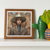 Angel - Latinx Transgender Cowboy Art Print, Framed Portrait Person Wide-brimmed Hat Brown Jacket Ornate