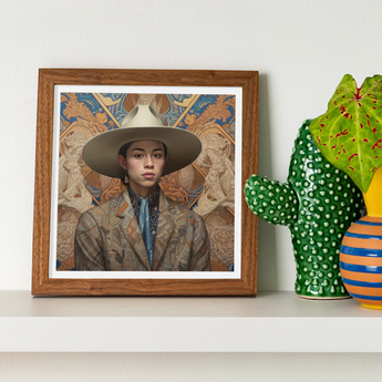 Angel - Latinx Transgender Cowboy Art Print, Framed Portrait Person Wide-brimmed Hat Brown Jacket Ornate