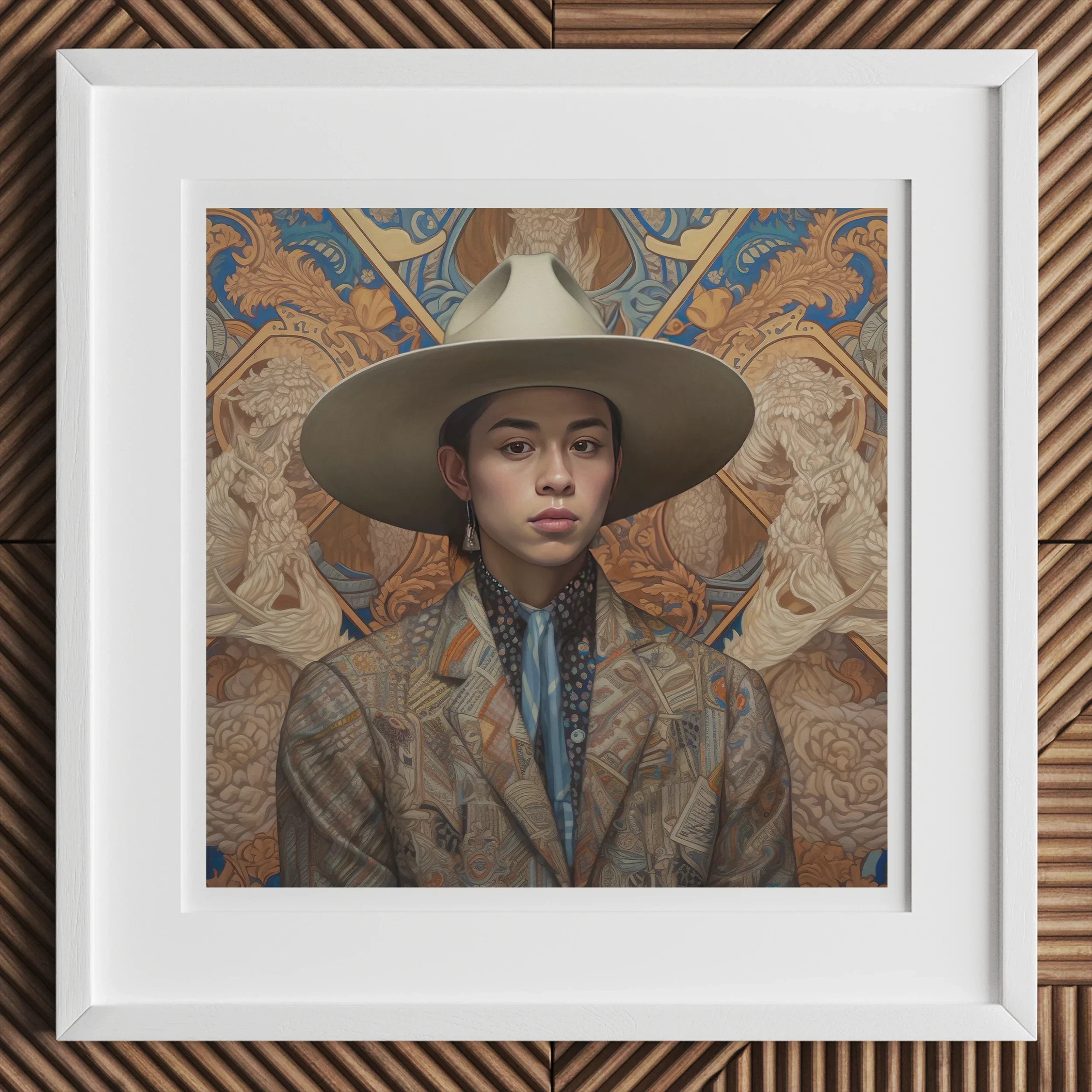 Angel - Latinx Transgender Cowboy Art Print, Framed Portrait Photograph Person Wide-brimmed Hat Patterned Jacket