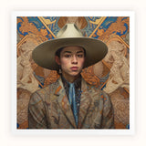 Angel - Latinx Transgender Cowboy Art Print, Wide-brimmed Gray Hat Worn Patterned Brown Jacket Polka