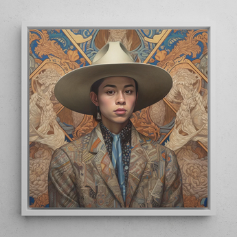 Angel - Latinx Transgender Cowboy Framed Canvas, 12x12’’ / 31x31cm / White Floating Frame, Framed Portrait Person Cowboy Hat