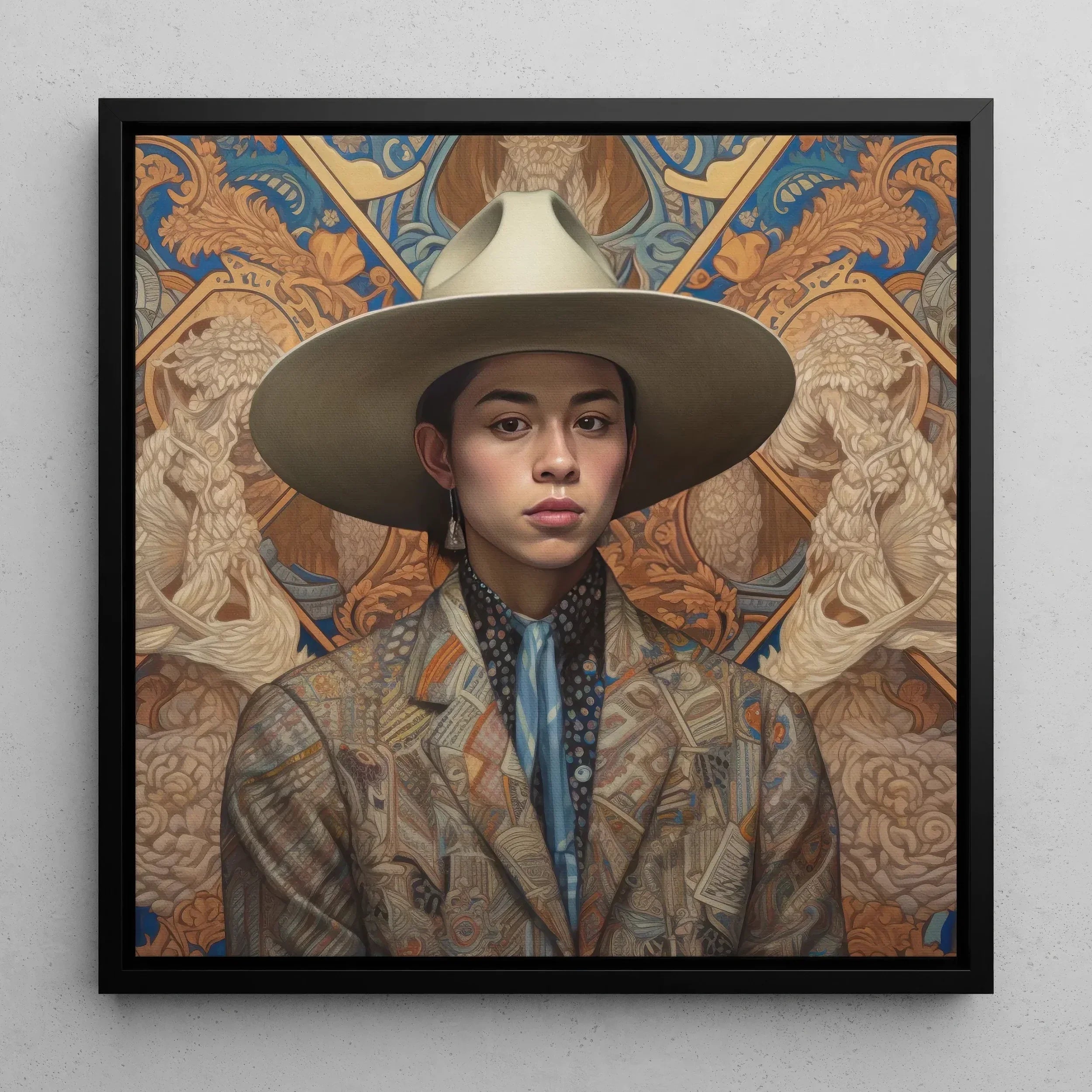 Angel - Latinx Transgender Cowboy Framed Canvas, Portrait Young Person Wide-brimmed Hat Patterned Jacket Ornate