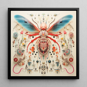 Angel Muff Wasp - Alien Insect Taxonomy Framed Canvas, 12x12’’ / 31x31cm / Black Floating Frame, Intricate Insect Artwork Black Frame