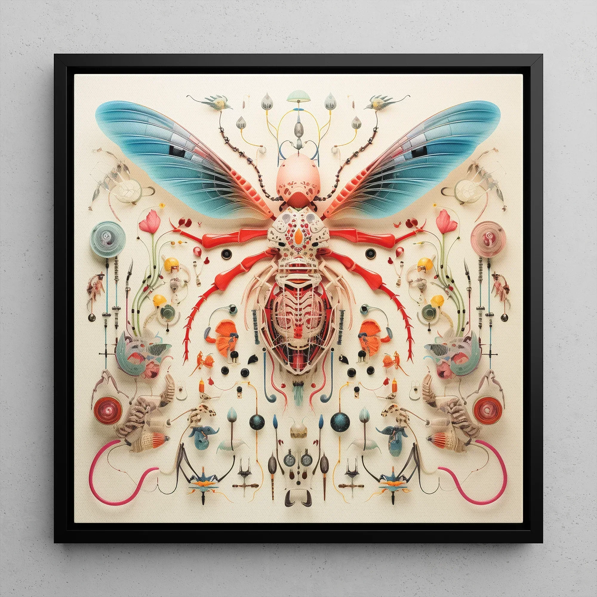 Angel Muff Wasp Alien Insect Taxonomy Framed Canvas, 12x12’’ / 31x31cm / Black Floating Frame, Intricate Insect Artwork Black Frame