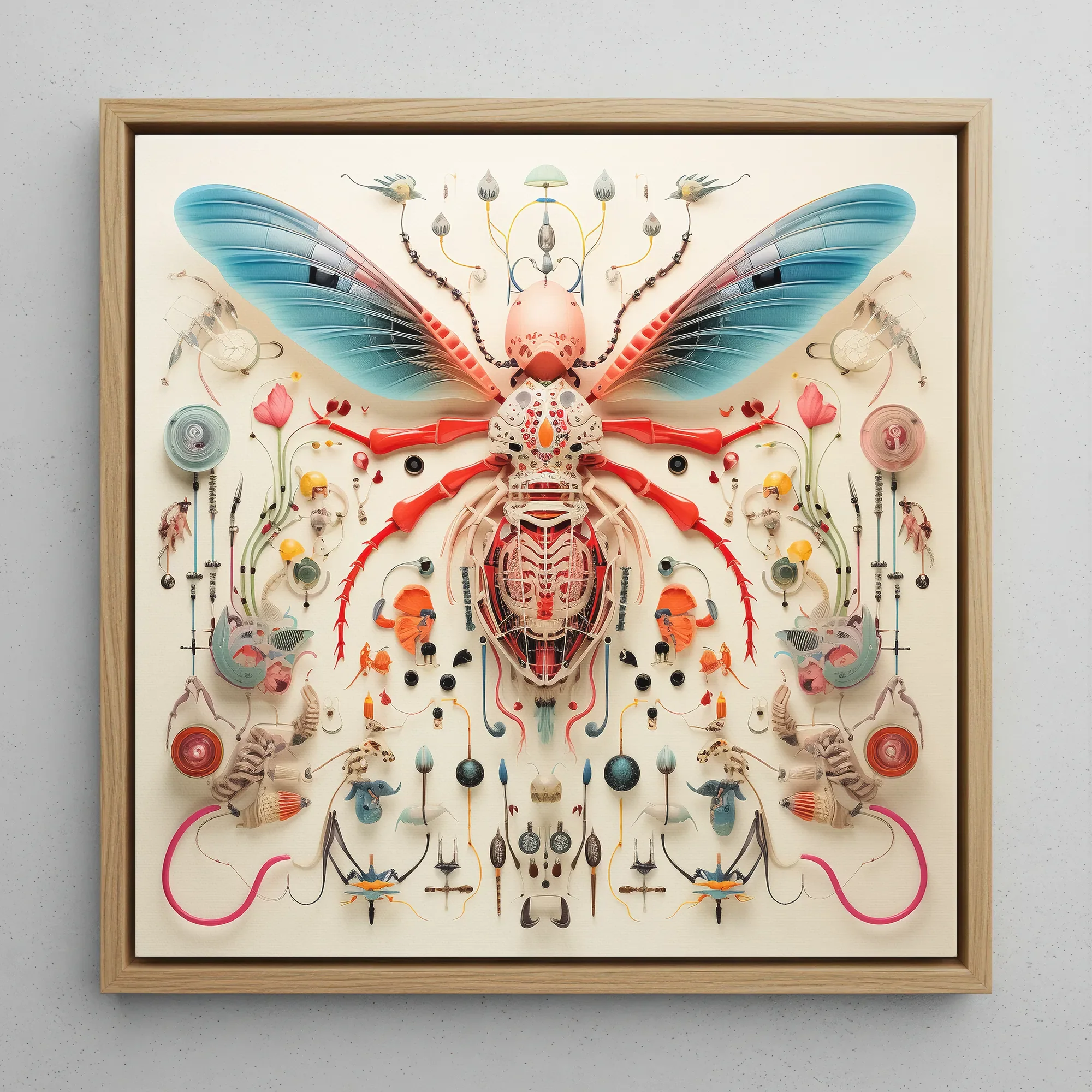 Angel Muff Wasp - Alien Insect Taxonomy Framed Canvas, 12x12’’ / 31x31cm / Natural Floating Frame, Framed Intricate Insect-like Artwork