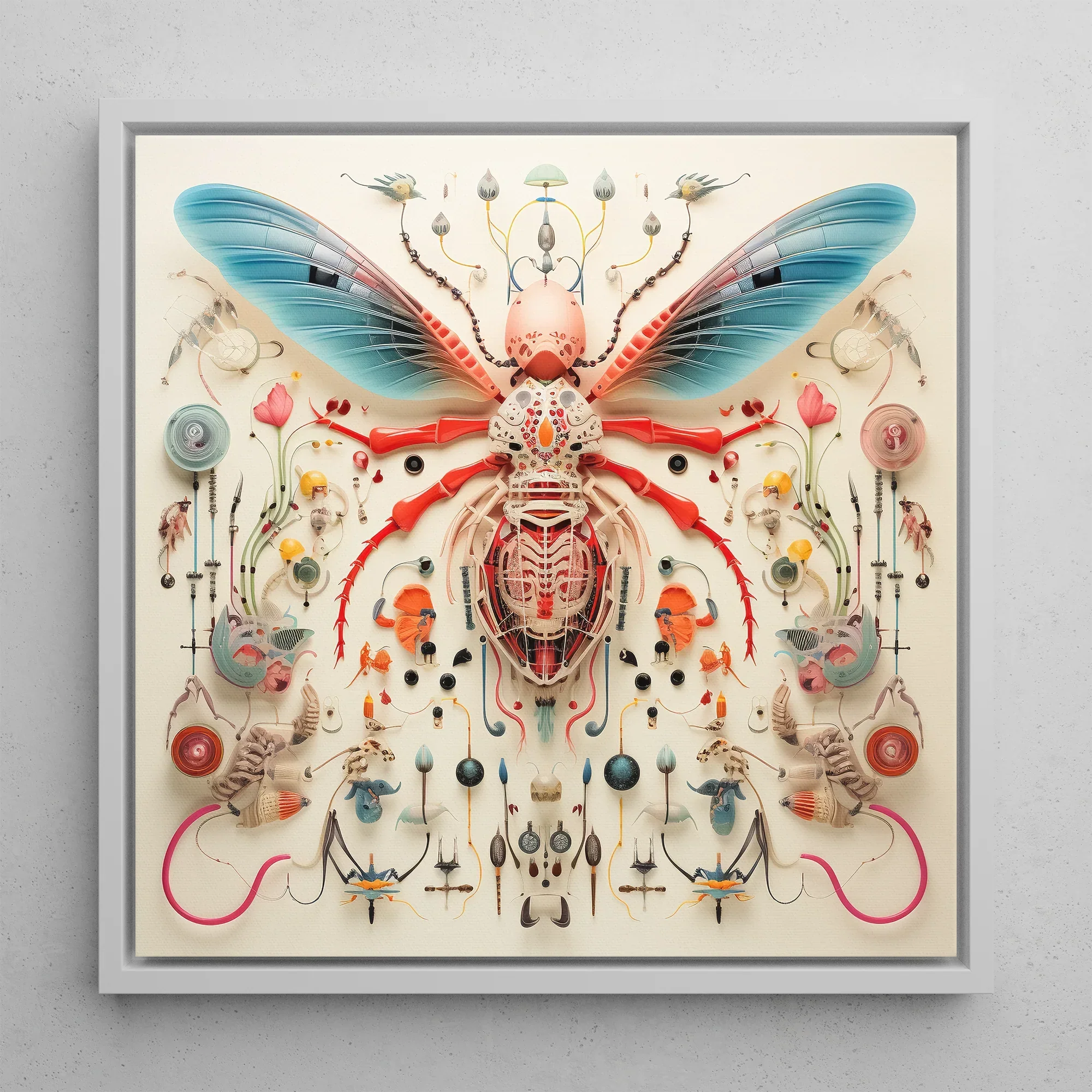 Angel Muff Wasp Alien Insect Taxonomy Framed Canvas, 12x12’’ / 31x31cm / White Floating Frame, Intricate Insect Inspired Artwork Vibrant