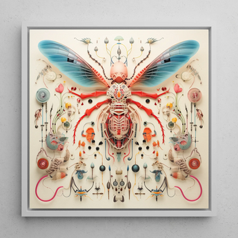Angel Muff Wasp - Alien Insect Taxonomy Framed Canvas, 12x12’’ / 31x31cm / White Floating Frame, Intricate Insect-inspired Artwork Vibrant