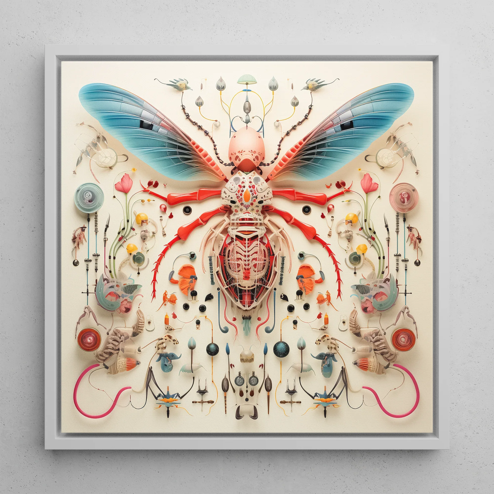 Angel Muff Wasp - Alien Insect Taxonomy Framed Canvas, 12’’x12’’ / White Floating Frame, Intricate Insect-inspired Artwork Vibrant Colors