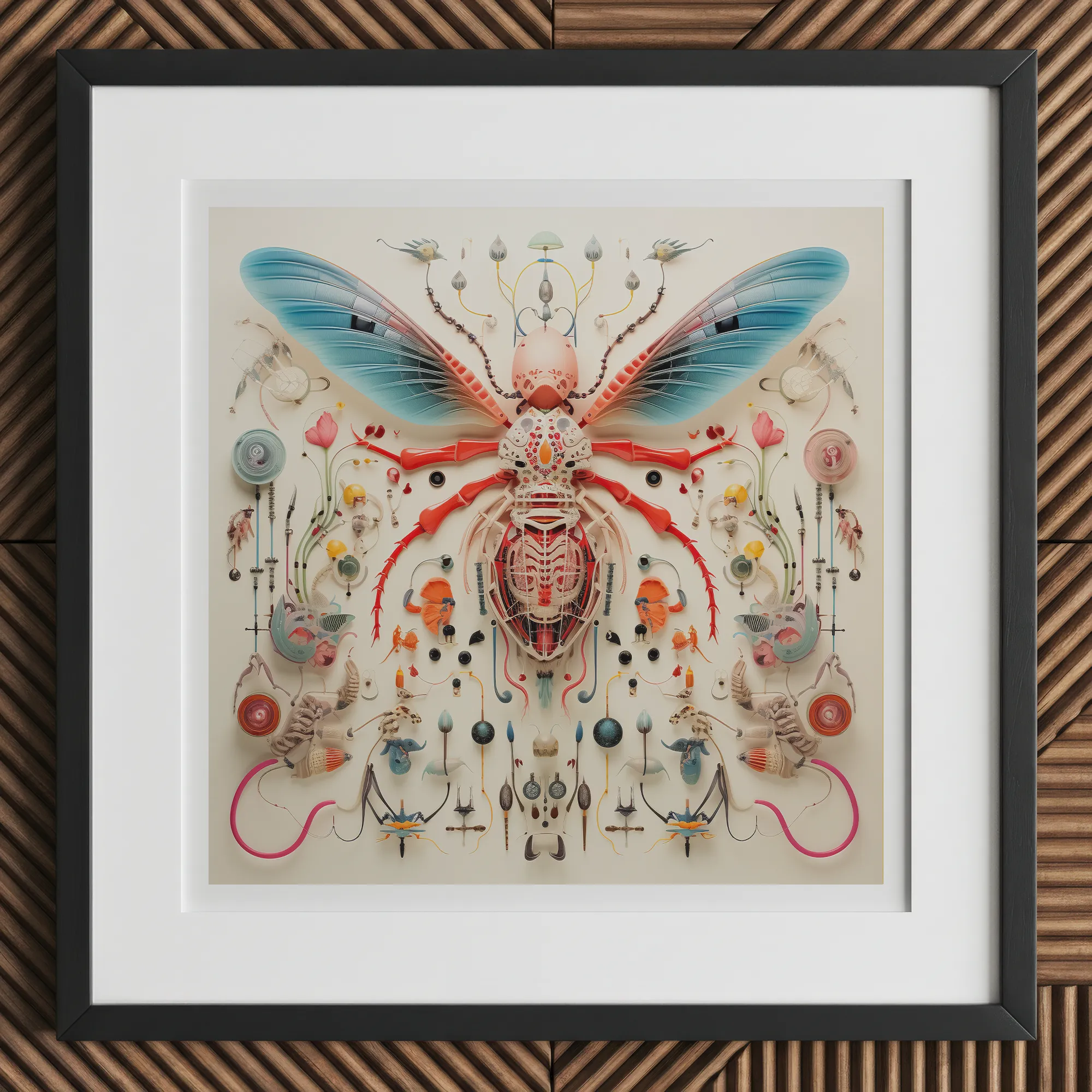 Angel Muff Wasp - Alien Species Insect Taxonomy Art Print, 12x12’’ / 31x31cm / Black Frame, Framed Symmetrical Artwork Colorful Intricate