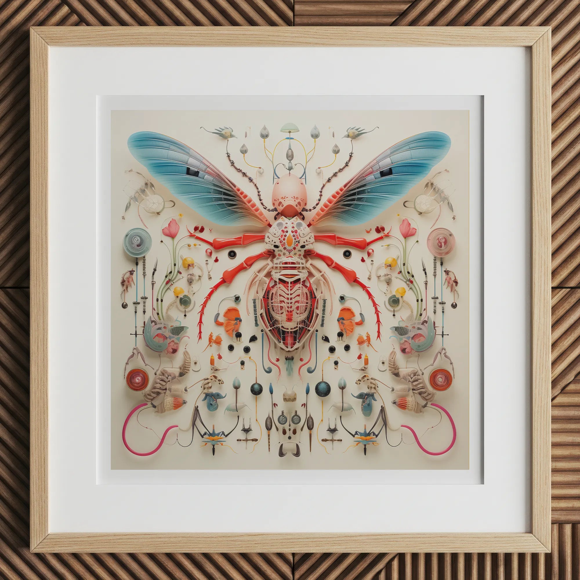 Angel Muff Wasp - Alien Species Insect Taxonomy Art Print, 12x12’’ / 31x31cm / Natural Frame, Framed Intricate Mixed-media Artwork Insect