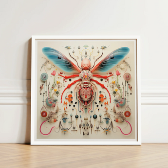 Framed Artwork Stylized Intricate Insect Vibrant Blue Wings Angel Muff Wasp, Alien, Taxonomy