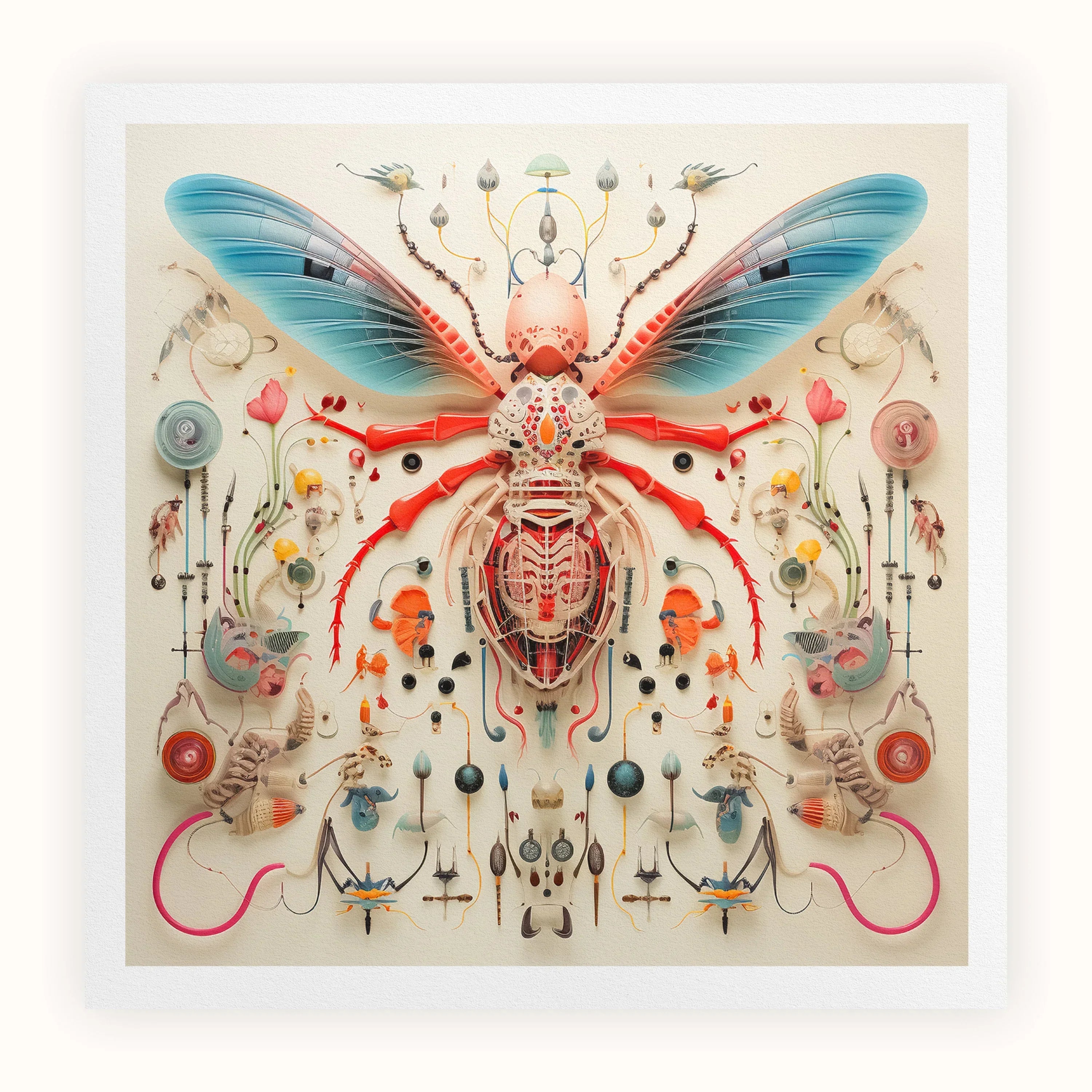 Angel Muff Wasp - Alien Species Insect Taxonomy Art Print, Stylized Insect Vibrant Blue Wings Red Body Composed