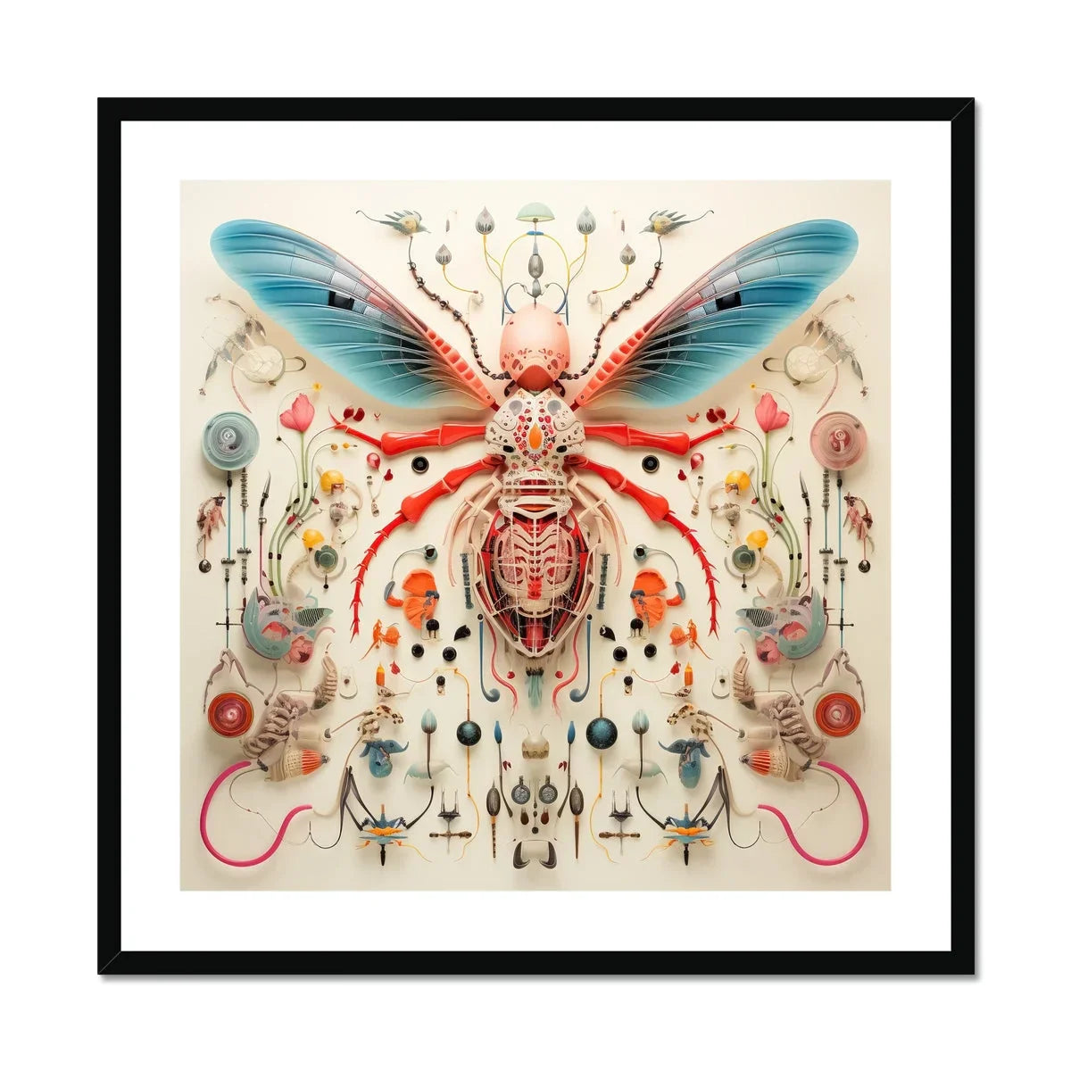 Angel Muff Wasp - Alien Species Insect Taxonomy Art Print, Symmetrical Insect Illustration Blue Wings Red Accents Anatomical