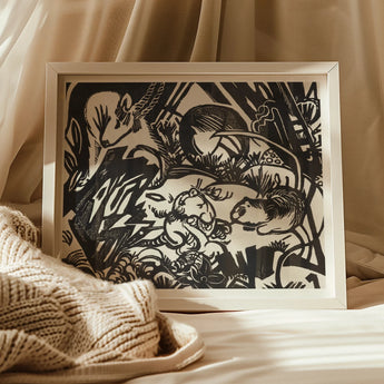 Animal Legend - Franz Marc Expressionist Woodcut Art Print, 20x16’’ / 51x41cm / Unframed, Black White Paper Cut Artwork Rabbits Among