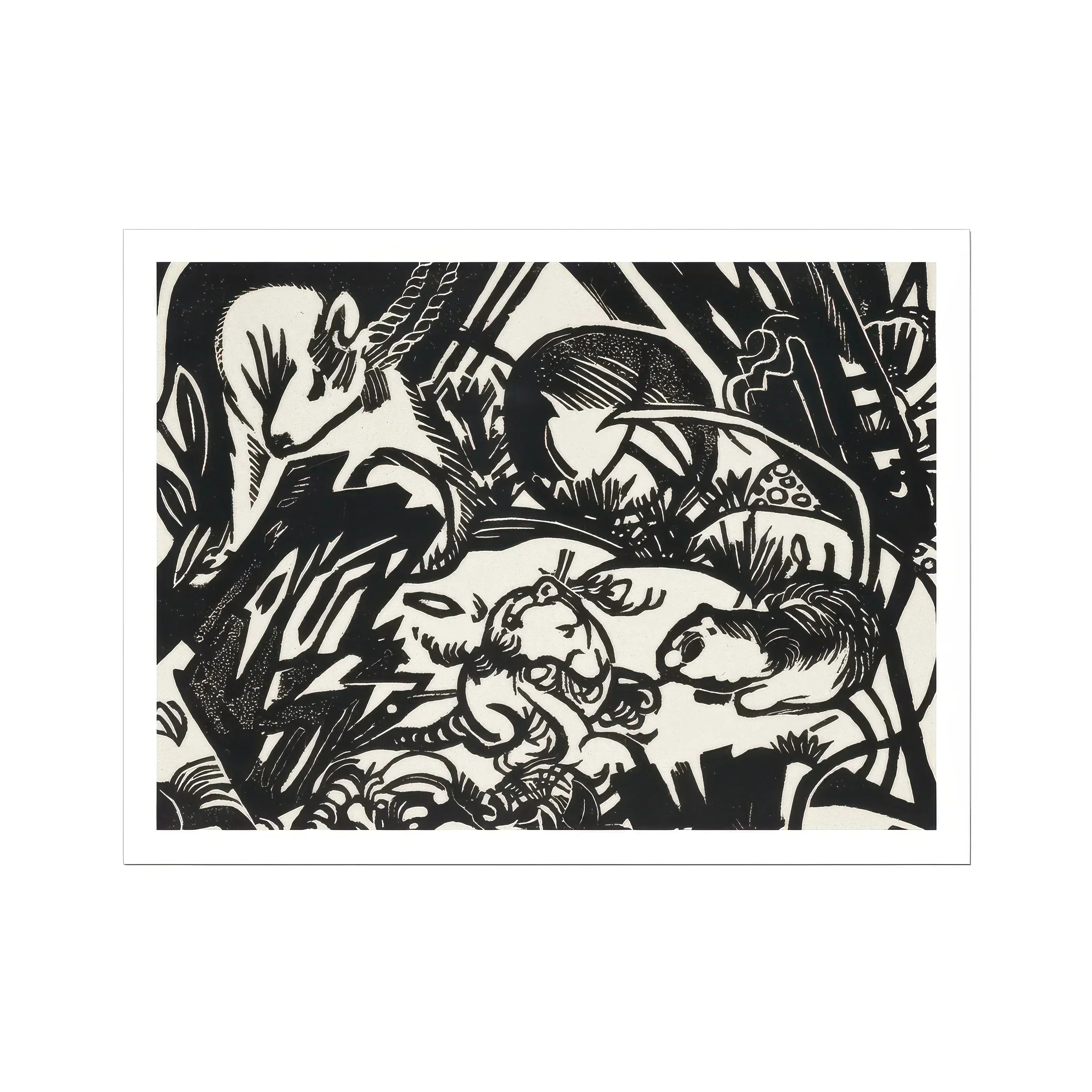 Animal Legend - Franz Marc Expressionist Woodcut Art Print, Black White Woodcut Print Abstract Organic Shapes Patterns