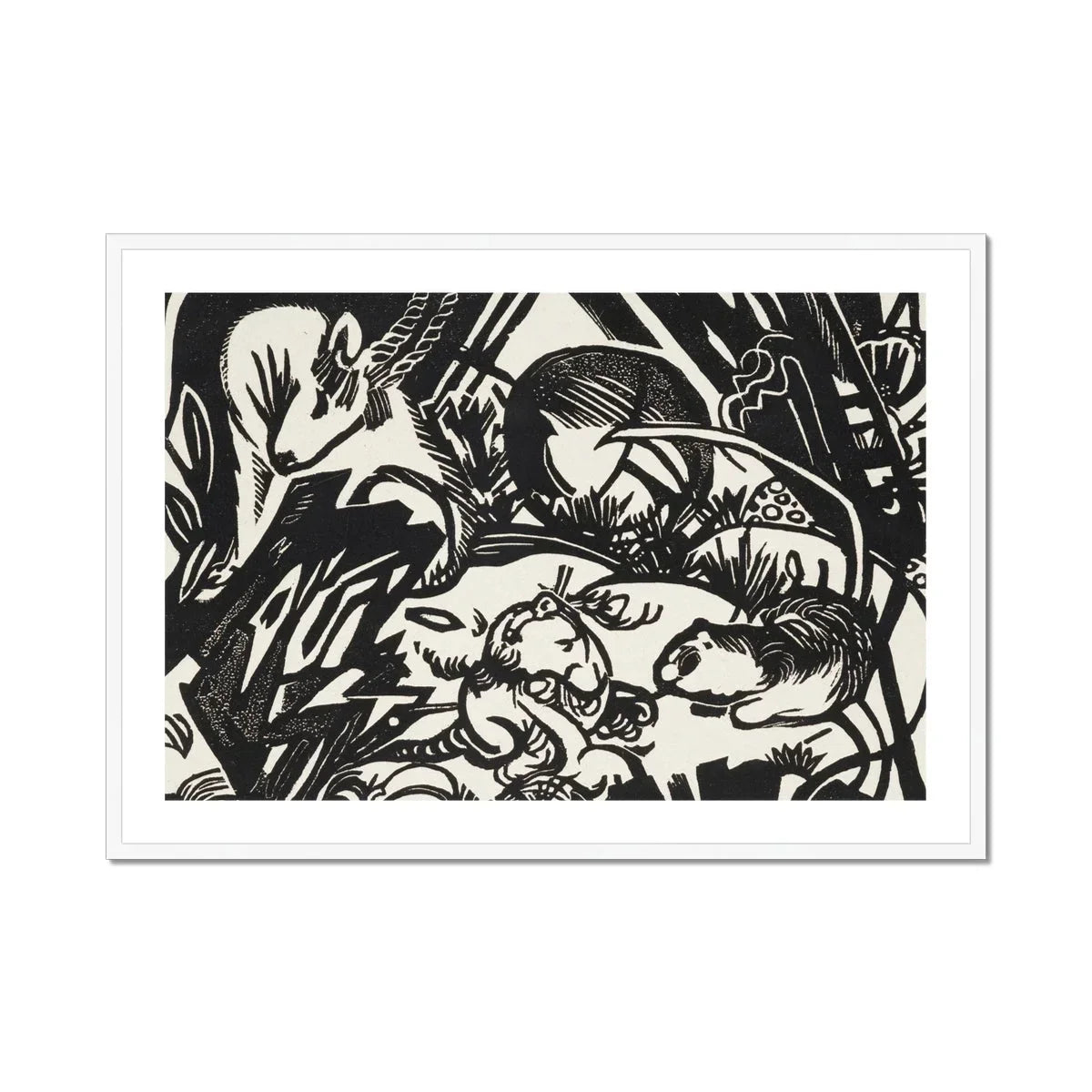 Animal Legend - Franz Marc Expressionist Woodcut Art Print, Black White Woodcut Print Animals Dynamic Abstract Style