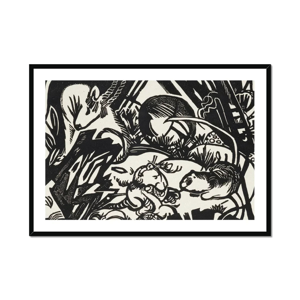 Animal Legend - Franz Marc Expressionist Woodcut Art Print, Black White Woodcut Print Animals Dynamic Abstract Style