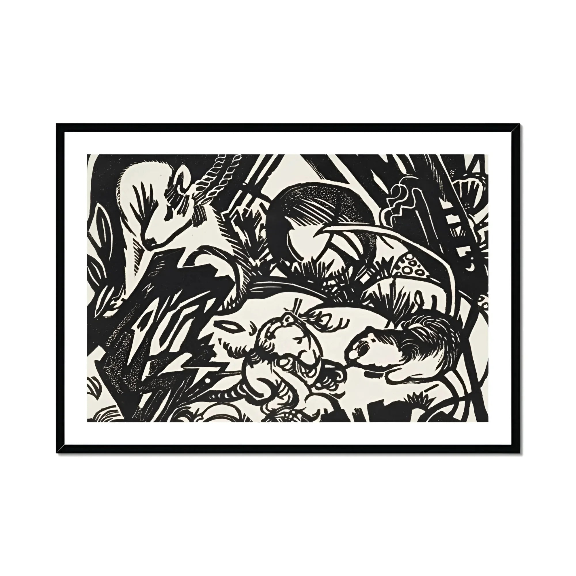 Animal Legend - Franz Marc Expressionist Woodcut Art Print, Black White Woodcut Print Animals Dynamic Abstract Style