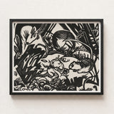 Black White Linocut Artwork Sleek Frame Whimsical Forest Franz Marc’s Mesmerizing Animal, Legend Woodcut, Spiritual Harmony Collide