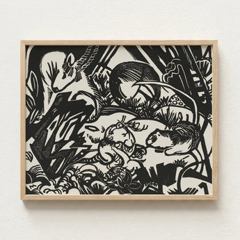 Black White Linocut Artwork Whimsical Forest Creatures Naturalistic Franz Marc’s Mesmerizing Animal, Legend Woodcut, Spiritual Harmony