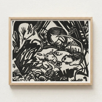 Black White Linocut Artwork Whimsical Forest Creatures Naturalistic Franz Marc’s Mesmerizing Animal, Legend Woodcut, Spiritual Harmony