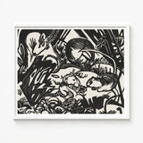 Black White Linocut Artwork Simple Frame Stylized Animals Franz Marc’s Mesmerizing Animal, Legend Woodcut, Spiritual Harmony Collide