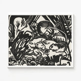 Black White Linocut Artwork Stylized Animals Dense Jungle-like Franz Marc’s Mesmerizing Animal, Legend Woodcut, Spiritual Harmony Collide