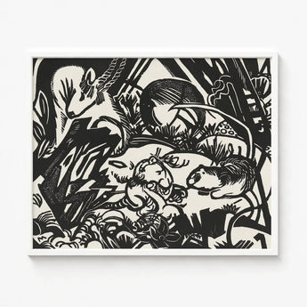 Black White Linocut Artwork Stylized Animals Dense Jungle-like Franz Marc’s Mesmerizing Animal, Legend Woodcut, Spiritual Harmony Collide