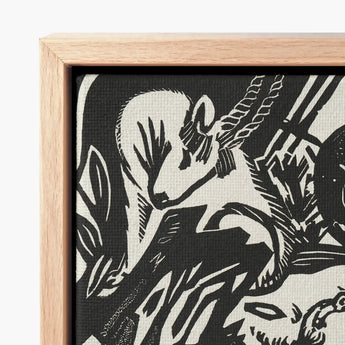 Black White Linocut Artwork Goat Wooden Frame Franz Marc’s Mesmerizing Animal, Legend Woodcut, Spiritual Harmony Collide