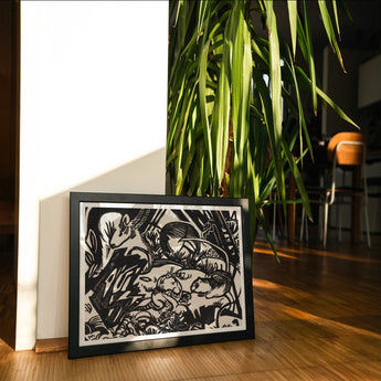 Animal Legend - Franz Marc Expressionist Woodcut Art Print, Framed Black White Artwork Intricate Nature Scene Animals
