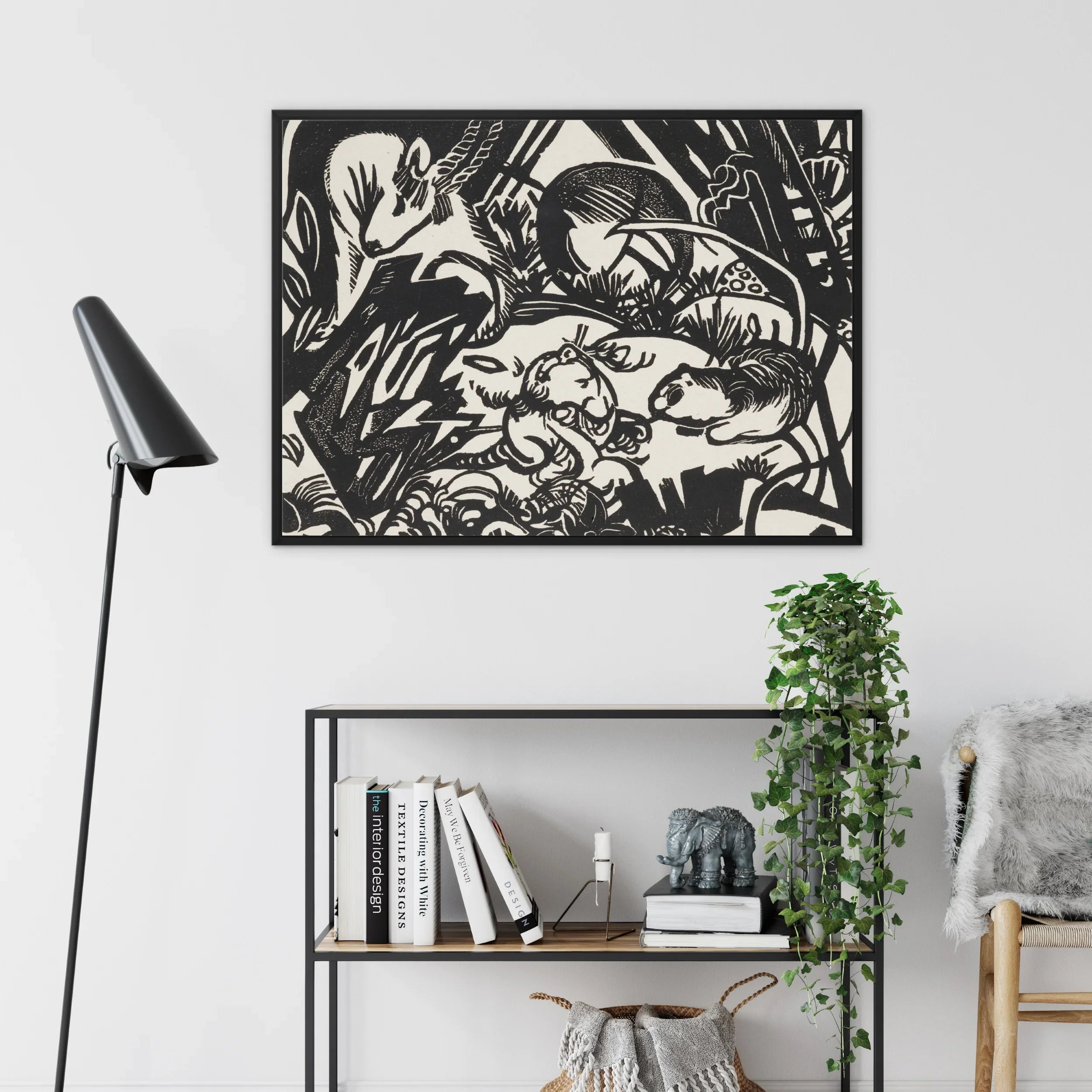 Animal Legend - Franz Marc Framed Canvas, Black White Woodcut-style Artwork Animals Dynamic Abstract Composition