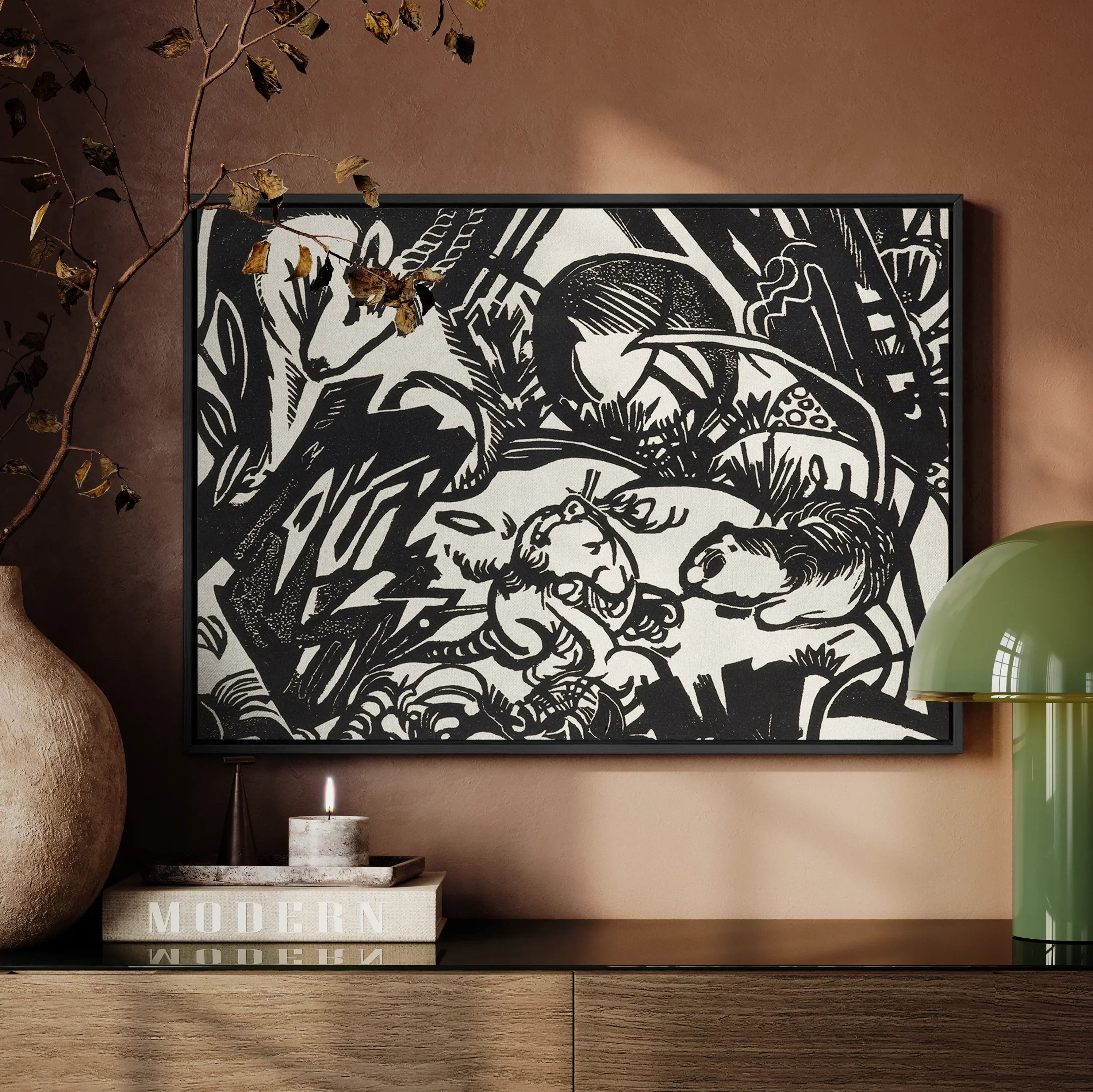 Animal Legend - Franz Marc Framed Canvas, Black White Woodcut-style Artwork Figures Among Stylized Foliage