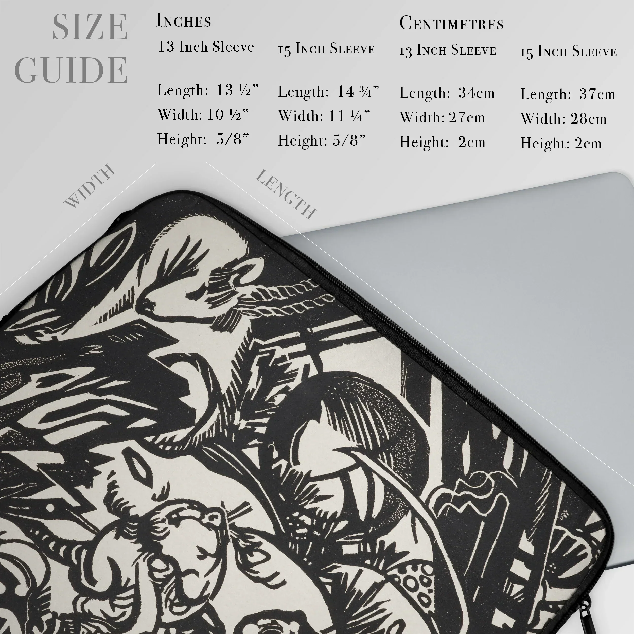 Animal Legend - Franz Marc Woodcut Art Laptop Sleeve, Laptop Sleeve Intricate Black White Artistic Design