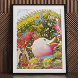 Vibrant carnival collage art print in black frame