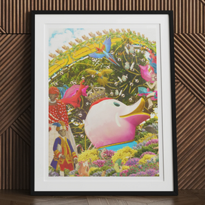 Another Day of Sun - Carnival Collage Art Print, 30x40’’ / 76x101cm / Unframed, Colorful Whimsical Framed Artwork Stylized Pink Bird